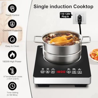 Single Burner Induction Cooktop,Hot Plate with 6 Cooking Modes, portable cooktop with LCD touch control,9 Levels &3H Timer,1800W 110V Portable induction Cooktop - size: single burner induction cooktop