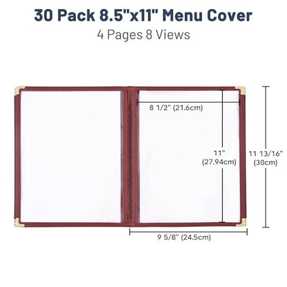 WeChef 30 Pack Restaurant Menu Covers 8.5 x 11" Book Style 4 Pages 8 Views - size: 8.5" x 11" - Book - 8 Views