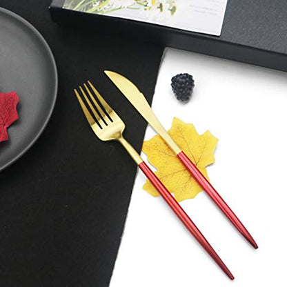 JASHII Luxury 18/10 Red Handle Flatware Gold Silverware Set 304 Stainless Steel Flatware Cutlery Set| 5-Piece Adaline Royal Modern Satin Finish| BEST Birthday Wedding Gift (Red Handle Matte Gold) - color: Red Gold, size: Service for 1