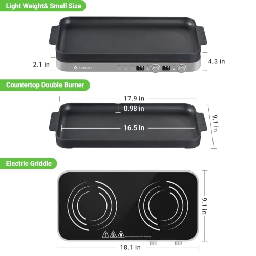 AMZCHEF Double Induction Cooktop, 1800W 2 Burner with Griddle Pan, Grey - color: Iron Grey