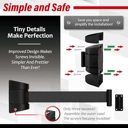 DuraSteel Wall Mount Crowd Control Retractable Belt Barrier - 6.5 Ft Black Retractables Barrier Belt w/ABS Casing Do Not Enter Crowd Control Barriers Line Divider NOT Stanchions with Retractable Belts - color: Black Belt, size: Guardian 2.0 Black Case
