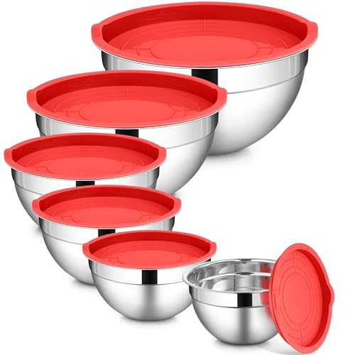 LIANYU 6 PCS Red Mixing Bowls Set, Household Essentials Gift for New Home - color: Red, style: Atlas Base with Airtight Lids