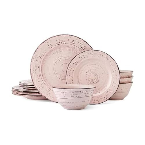 Pfaltzgraff Pink Trellis 12-Piece Dinnerware Set, Stoneware Plates and Bowls Sets for 4, Dishwasher and Microwave Safe, Rustic Garden-Inspired Design - color: Pink