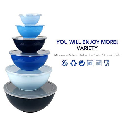 BoxedHome BPA Free Plastic Round Mixing Bowl with Lids, 12 Pack Nesting Bowls with Lids Set, Microwave and Dishwasher Safe Prep & Serving Bowls Great for Mixing, Baking, Serving (Blue, 12pcs) - color: Blue