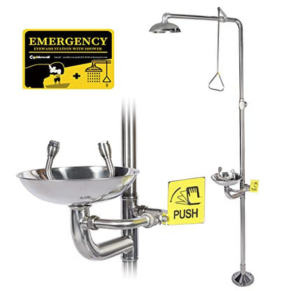 CGOLDENWALL Emergency Shower Eyewash Station Combination Eye Wash Station with Shower Safety Shower Eye&Face Washing Unit, 304 Stainless Steel, with Eyewash Sign, NPT thread