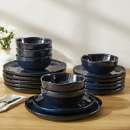 Pokini Stoneware Dinnerware Sets for 6, 18Pcs Ceramic Plates and Bowls Sets - color: Starry Blue, size: Set (18pcs)