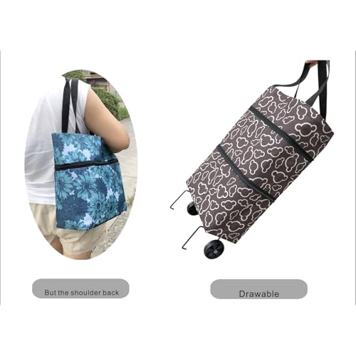 Foldable Wheeled Grocery Bag - Water-Resistant Rolling Tote - color: Blue Flower