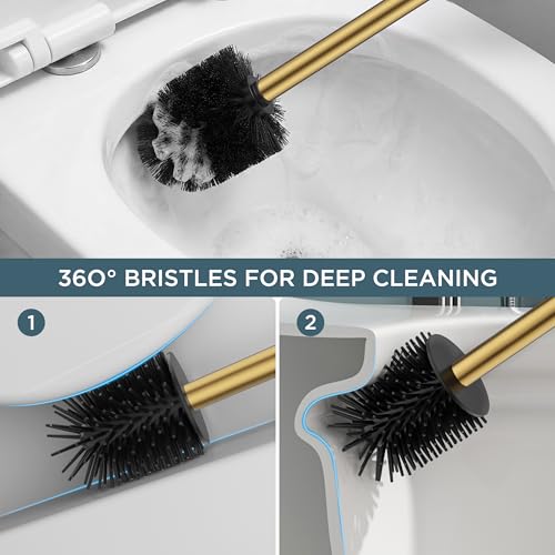 FORIOUS Toilet Bowl Brush and Holder Set, 304 Stainless Steel Handle Gold - color: Brushed Gold, size: Tall