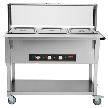 VEVOR 3-Pan Commercial Food Warmer, 3 x 20.6QT Electric Steam Table, 1500W Professional Buffet Catering Food Warmer with Acrylic Sneeze Guard, Food Grade Stainless Steel Server for Party Restaurant - size: 3-Pan (72 QT)