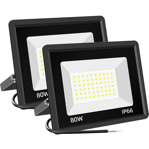 80W LED Flood Lights 2 Pack, 5000K Outdoor Security Lights, IP66 Waterproof - size: 80 W-2 pack