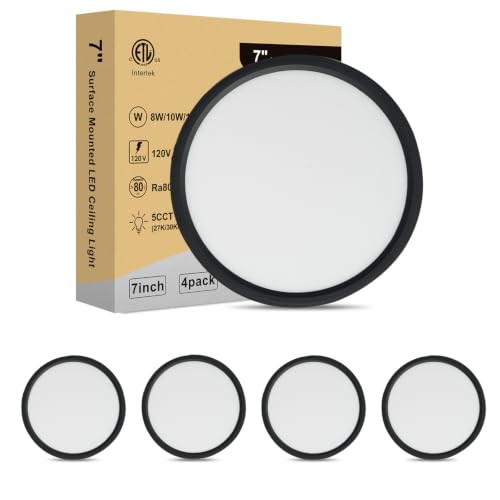 7 Inch LED Ceiling Light, Dimmable and 5CCT Selectable, Ultra Slim 0.67 Inch, Round Flat Ceiling Lamps for Bathroom Basement, 7 Inch 4Pack Black - color: Black-4 Pack, size: 7 Inch