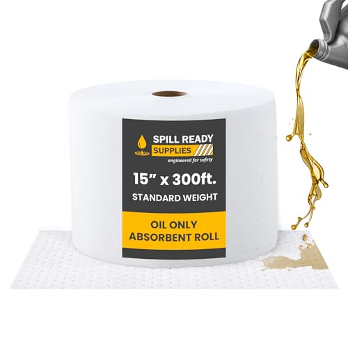 Spill Ready Oil Absorbent Pads Roll 15" x 300' - Hydrophobic Absorbent Mat, Absorbs Up to 40 gal. per roll - Perforated Sorbent Mat Roll for Oil & Fuel Spills, Oil Absorbing Sheets - White Oil Pads - color: 15" x 300' Standard Roll, size: 1