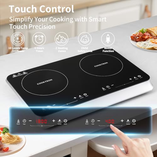 COOKTRON Portable Induction Cooktop 2 Burner, 1800W with Booster - size: Double Induction Cooktop with Touch Control