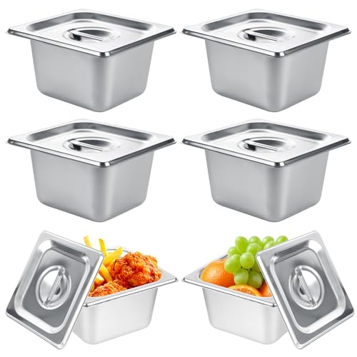 6 Set Stainless Steel Hotel Pans 1/6 Size 4 Inch Deep with Lids Steam Table Pans with Lids 4 Inch Deep 1/6 Size Stainless Steel Restaurant Pan Metal Food Pan with Lid for Hotel, Buffet, Home - size: 1/6 Size 4 Inch Deep