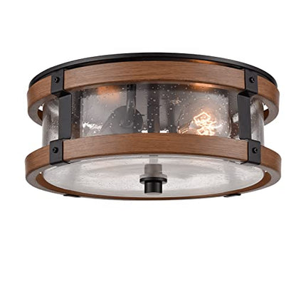 DEYNITE 2-Light Ceiling Light Drum Seeded Glass Shade Black & Rust Light - size: 4.1" Height