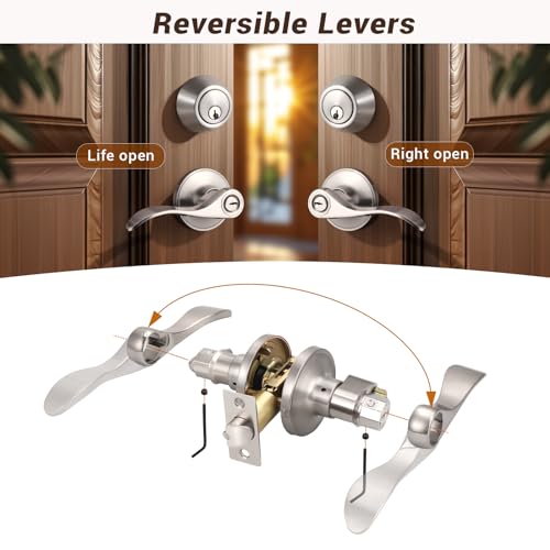 Knobonly 3 Sets of Wave Style Entry Door Handle Set with Double Cylinder Deadbolt in Satin Nickel Finish, Keyed on Both Sides, All Keyed Alike Combo Pack - color: Satin Nickel, size: 3 Pack, style: Double Cylinder