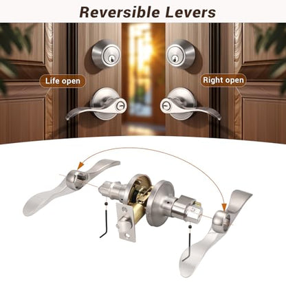 Knobonly 3 Sets of Wave Style Entry Door Handle Set with Double Cylinder Deadbolt in Satin Nickel Finish, Keyed on Both Sides, All Keyed Alike Combo Pack - color: Satin Nickel, size: 3 Pack, style: Double Cylinder