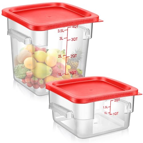 Suclain 2 Pcs Square Food Storage Container Polycarbonate Clear Food Container with Lid Commercial Rice Storage with Graduations for Commercial Kitchen(2 Qt,4 Qt,Red) - color: Red, size: 2 Qt,4 Qt