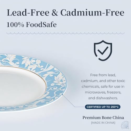 Bone China Dinnerware Set for 4, 12 Pcs White Plates and Bowls, Blue Rim - color: Light Blue