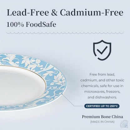 Bone China Dinnerware Set for 4, 12 Pcs White Plates and Bowls, Blue Rim - color: Light Blue
