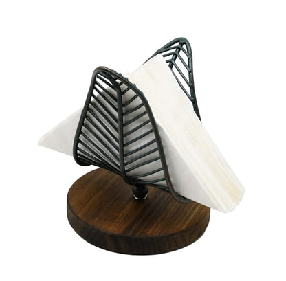 OwlGift Freestanding Modern Napkin Holder w/Golden Turquoise Wrought Iron Leaf & Brown Wooden Base Design, Tabletop Tissue Dispenser, Napkin Storage Organizer - color: Wire / Golden Turquoise