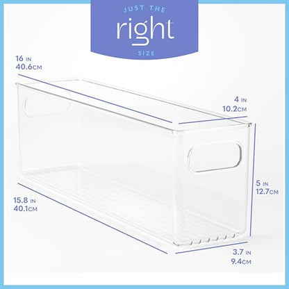 Plastic Food Storage 2 Pack Clear Container Bin with Handles for Organizing Kitchen, Pantry, Refrigerator, Freezer, Pantry, Cabinet, Closet, Bathroom. 16”x4”x5” - size: 16x4x5