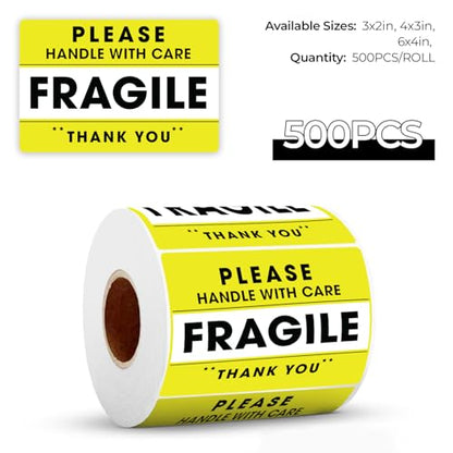 StickerJet Fragile Handle with Care Stickers Roll – (500 Labels, 2"x3") Bright Shipping and Packaging Labels with Strong Adhesive (Yellow) - size: 2"x3"
