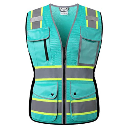 High Visibility Reflection Peacock Mesh Safety Vests with 9 Pockets and Front Zipper, hi vis safety vest for Women (Peacock-16,XL) - color: Peacock, size: X-Large