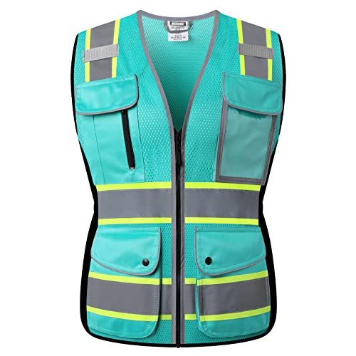 High Visibility Reflection Peacock Mesh Safety Vests with 9 Pockets and Front Zipper, hi vis safety vest for Women (Peacock-16,XL) - color: Peacock, size: X-Large