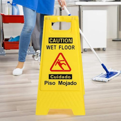24 Inches Caution Wet Floor Sign Bright Yellow Double Sided Bilingual Folding A-Shaped Frame Design Caution Message Safety Warning Wet Floor Sign Collapsible Commercial Warning Sign Prevent Slip