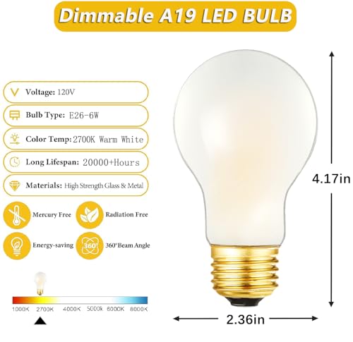 A19 Vintage Edison Bulb 60W Frosted Light bulb,E26 Dimmable LED Bulb,2700K - size: D-6W-2700K