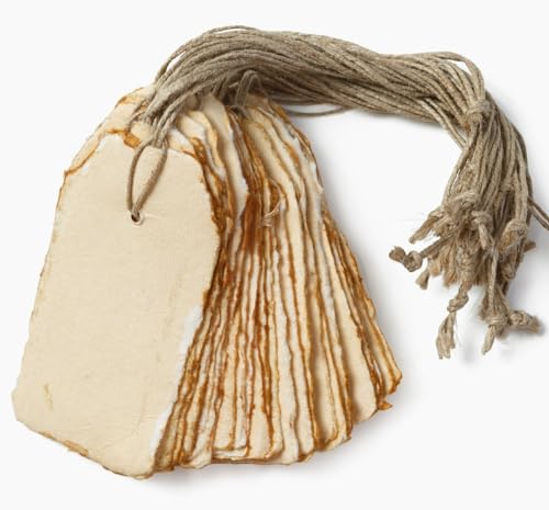 Wanderings Handmade Vintage Deckle Edge Tags with String - 2" x 4" (5 x 10cm) - Pack of 25 – Price or Gift Tags, Arts, Crafts, Place Cards, Name Cards - Cold Press Thick 150 GSM - color: Vintage