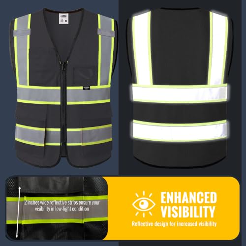 JKSafety Safety Vest for men women Hi Vis Vest with Pockets and Zipper High Visibility Reflective Vests BX320 - color: Black, size: Medium