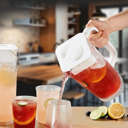 CURTA 4 Pack 2L/68 oz Plastic Pitcher with Lid & Handle, Large Capacity Water Jug with Measurement Marks, Clear Fridge Pitcher for Iced Tea, Juice, Lemonade & Cold Beverages - color: White-brown-4pack