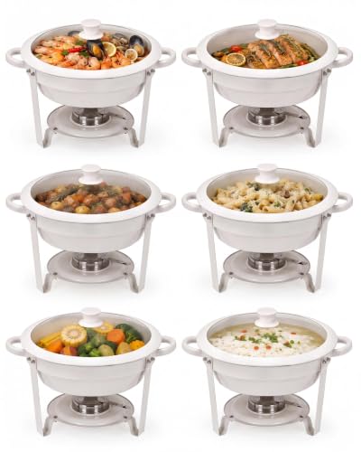 GarveeHome 5QT Round Chafing Dish Buffet Set of 6, Maifanite-Coated White Chafing Dish with Transparent Lids, Stainless Steel Commercial Food Warmers for Parties, Weddings, Restaurants & Catering - size: 5QT-6 Pack