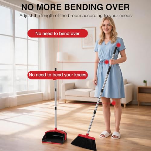 NACENA Broom and Dustpan Set, 52-in Long Adjustable Handle Broom Dustpan Combo with Dustpan Teeth to Automatically Clean Hair Suitable for Home Kitchen Office Hall Floor (Black&Red), 2 Pack