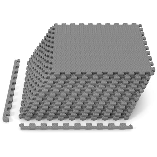 Tangkula 12 Tiles Exercise Flooring Mats with Border, Non-Slip EVA Foam Protective Mats, Elastic Puzzle Play Mats, 1/2" Interlocking Floor Mats for Home Gym, Fitness Room, Workshop Equipment (Gray) - size: 96.5"L x 25"W x 0.5"Th