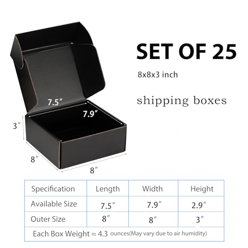 8x8x3 Black Shipping Boxes for Small Business, Packing, 25 Pack - color: Black, size: 8x8x3 Inch
