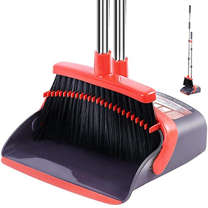 Broom and Dustpan Set 52-in Long Adjustable Handle Broom Dustpan Combo - color: Purple&red