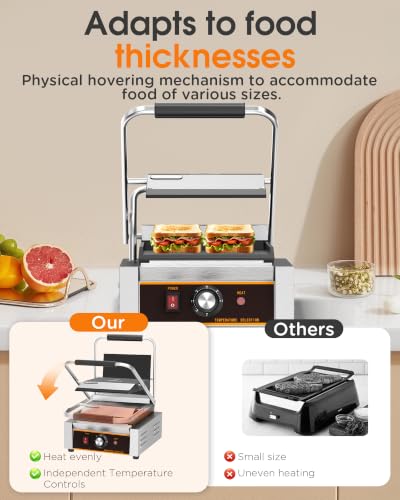 Commercial Panini Press - 1800W Electric Panini Sandwich Grill w/Nonstick Coating & Adjustable Temp, Stainless Steel, Panini Grill Press w/9"x9" Cooking Pan (Full Flat), Double-sided Heating - style: 9"x9" Smooth Plates