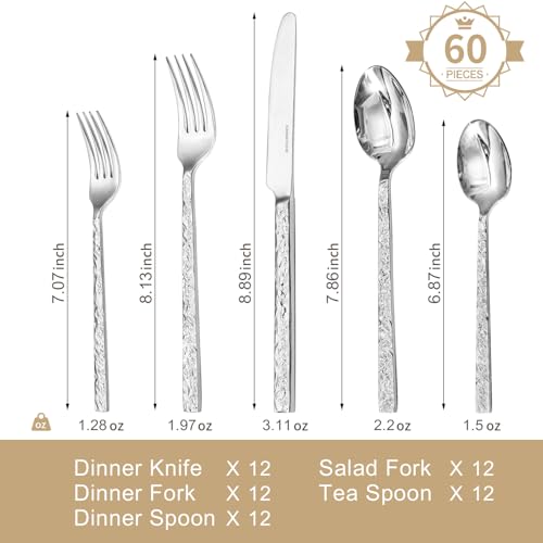 60 Pcs Hammered Silverware Set for 12, 18/10 Stainless Steel Flatware - color: Silver, size: 60-Piece