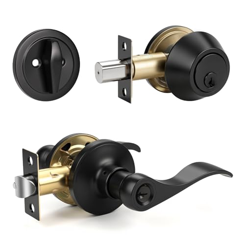Knobonly 1 Set of Front Exterior Door Knob Set with Single Cylinder Deadbolts in Matte Blac Finish, All Keyed Same Combo Pack, Wave Style Entry Door Lever Locks with Combinations - color: Matte Black, size: 1 Pack, style: Single Cylinder
