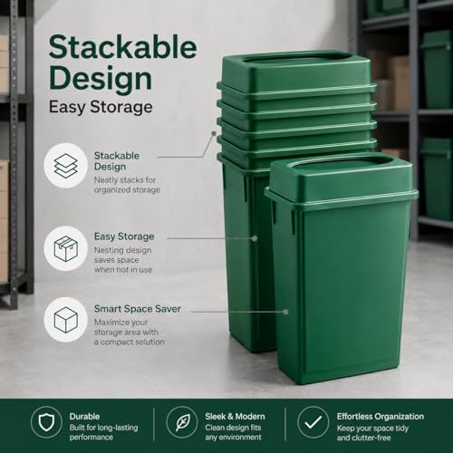 23 Gallon Slim Rectangular Commercial Trash Can, Heavy Duty Plastic Indoor Waste Bin for Kitchen, Office, Restaurant, School, Restroom & Janitorial Use (Dark Green, with Lid) - color: Dark Green