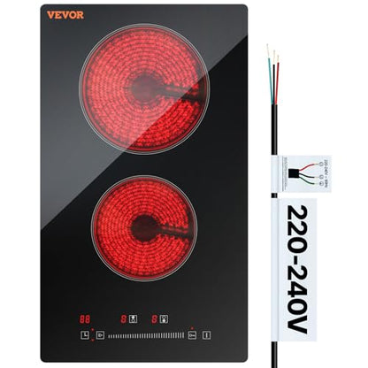 VEVOR Built in Electric Stove Top, 12 inch 2 Burners, 240V Glass Radiant Cooktop with Sensor Touch Control, Timer & Child Lock Included, 9 Power Levels for Simmer Steam Slow Cook Fry - size: 12 IN-2 Burner+Touch Control