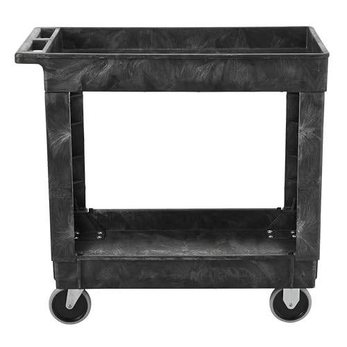 Rubbermaid Commercial Products 2-Shelf Service/Utility Cart with Wheels, 300-Pound Capacity, Black, Lipped Shelves with Handle, Use in School/Restaurant/Warehouse/Manufacturing - size: Small