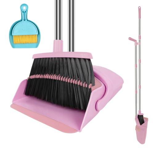 Pink Broom and Dustpan Combo Set, 51" Long Handle Broom with Mini Set - color: Pink, size: Normal