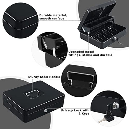 xydled Cash Box with Key Lock, Metal Money Box, Safe Storage box, Black - color: Black Key Lock