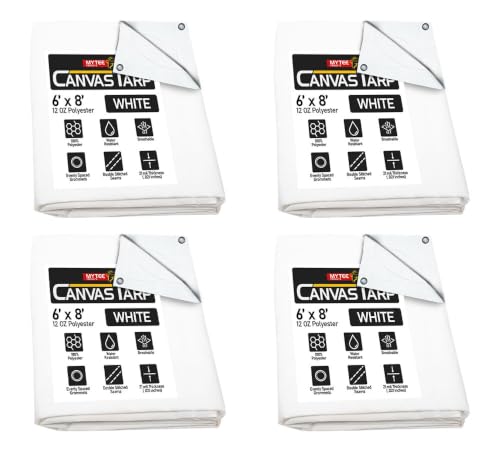 4 Pack 6' x 8' White Canvas Tarp 12oz - Water Resistant & Breathable - Heavy Duty Tarps - Multipurpose Tarpaulin Cover for Camping Tent - color: White (4 Pcs), size: 6' x 8'