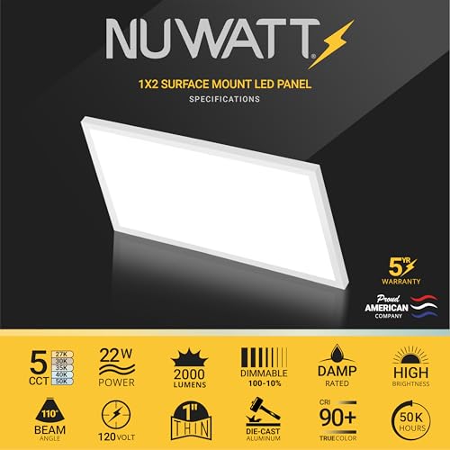 NUWATT 1x2 LED Flat Panel Light Surface Mount 5CCT 2700K-5000K, CRI 90, ETL