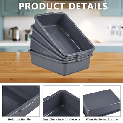 4-Pack Plastic Bus Bin, 15 L Restaurant Dish Tub, Gray